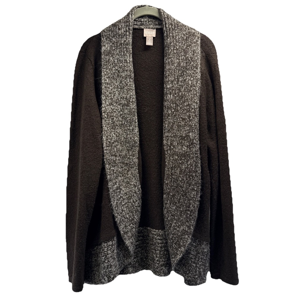 Chicos Women's Cardigan Sweater Size Large Brown‎ White Roll Collar Long Sleeve